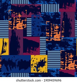 Hand-drawn seamless geometric pattern with colorful  grunge texture.Aged rectangular shapes on black. Vector background for printing on fabric, gift wrapping, covers, wallpapers.