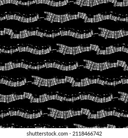 Hand-drawn seamless geometric pattern with grunge texture with canvas effect. White wavy stripes on black background. Vector monochrome background for printing on fabric, gift wrapping, covers, wallpa