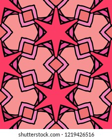 Hand-drawn seamless geometric pattern with red stars, polygons and pink squares. Seamless background with abstract geometry in pink colors.