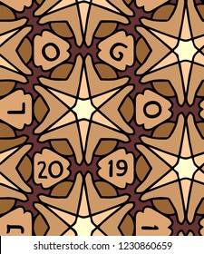 Hand-drawn seamless geometric vector pattern with stars and i, j, l, o, g, o, letters in brown and beige colors.
Seamless pattern with text for logotype and numbers.