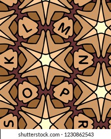 Hand-drawn seamless geometric vector pattern with stars and letters in brown and beige colors.
Seamless pattern with k, l, m, n, o, p, r, s letters.