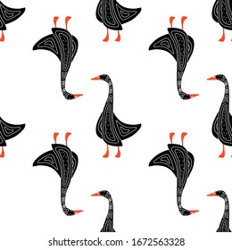 Hand-drawn seamless goose pattern. Engraved vector illustration style. Template for your design work.stylized bird with a folk pattern.suitable for fabrics, banners, postcards, children s books.