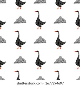 Hand-drawn seamless goose pattern. Engraved vector illustration style. Template for your design work.stylized bird with a folk pattern.suitable for fabrics, banners, postcards, children s books.