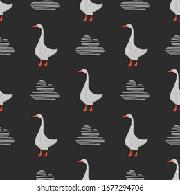 Handgezeichnet nahtloses Gänsemuster. Gravierter Vektorillustration-Illustrationsstil. Vorlage für Ihre Design-Arbeit.stylisierte Vogel mit einem Folk-Muster.geeignet für Stoffe, Banner, Postkarten, Kinderbücher.