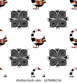 Handgezeichnet nahtloses Gänsemuster. Gravierter Vektorillustration-Illustrationsstil. Vorlage für Ihr Design.Stilftiger Vogel mit Folkloremuster.geeignet für Stoffe, Banner, Postkarten, Umhüllung