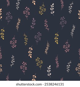 A hand-drawn seamless herbal pattern, various plants on a dark blue background, an elegant botanical backdrop in pastel colors