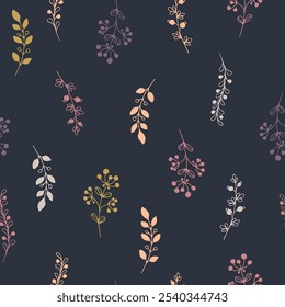 A hand-drawn seamless herbal pattern, various plants on a dark blue background, an elegant botanical backdrop in pastel colors