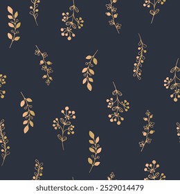 A hand-drawn seamless herbal pattern, yellow plants on a dark blue background, an elegant botanical backdrop with a golden gradient