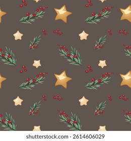Hand-drawn seamless holiday pattern with star-shaped cookies, red berries, and pine twigs arranged in a cheerful festive repeat