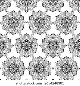Hand-Drawn Seamless Mandala Tile Pattern,  Elegant Symmetrical Floral Vector Design in Black and White