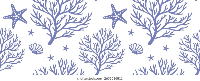 Hand-drawn seamless marine pattern with starfish, coral, and seashells in soft blue on white. Nautical ocean-themed design ideal for summer textiles, wallpapers, or beach  projects.