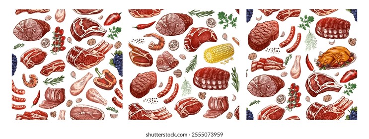 Hand-drawn seamless meat dishes pattern with colorful culinary elements