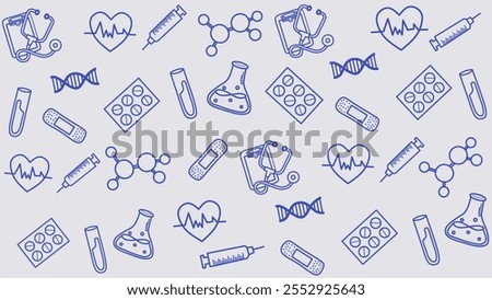 Hand-drawn seamless medical doodle pattern with healthcare icons like syringes, pills, test tubes, and heart symbols. Great for medical posters, websites, packaging, and backgrounds.