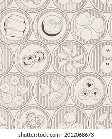 The hand-drawn seamless monochrome pattern design.  Asian traditional food Dim Sum,Yang-Cha. repeatable food background design in vintage style. included steamer, buns, soup dumplings.