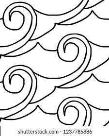 Hand-drawn seamless monochrome vector pattern of abstract sea waves and spirals.