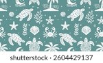 Hand-drawn seamless ocean pattern featuring sea turtles, crabs, starfish, palm trees, shells, and coral on a teal background, perfect for marine-themed designs, beachwear, and coastal illustrations