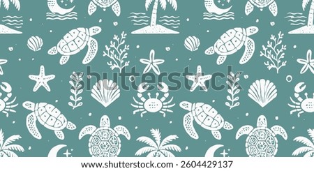 Hand-drawn seamless ocean pattern featuring sea turtles, crabs, starfish, palm trees, shells, and coral on a teal background, perfect for marine-themed designs, beachwear, and coastal illustrations