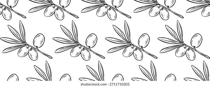Hand-drawn seamless olive branch pattern inspired by Mediterranean cuisine. Doodle sketch style. Elegant botanical line art ideal for food packaging, restaurant branding, natural kitchen decor.