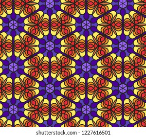 Hand-drawn seamless openwork vector pattern with red-orange net on a separate dark violet background.