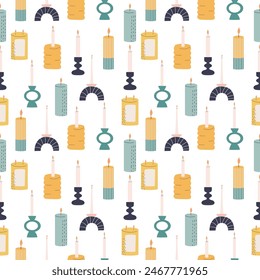 Handdrawn seamless patten with different candles. Cozy vector design.
