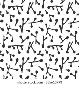 Handdrawn seamless pattern with abstract black branches on white backdrop. Vector decorative monochrome endless background in retro fashion style for textile, fabric, wrapping, web page