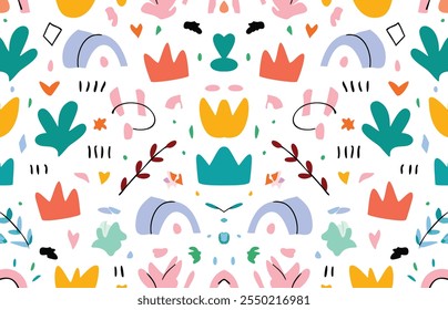 Hand-drawn seamless pattern, abstract flowers, Seamless childish pattern, 