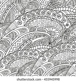 Hand-drawn seamless pattern of abstract geometric elements. 
Monochrome range. Pattern for coloring book.