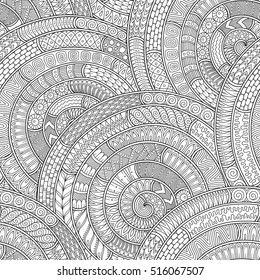 Hand-drawn seamless pattern of abstract geometric elements. Monochrome range. Pattern for coloring book.