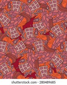 Hand-drawn seamless pattern with abstract houses in red colors