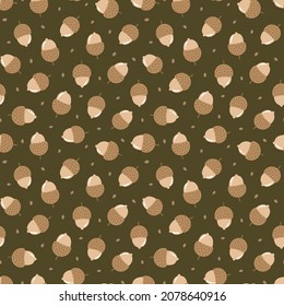 Hand-drawn seamless pattern with acorns. Colorful seasonal illustration for paper and gift wrap. Fabric print design. Creative stylish background.