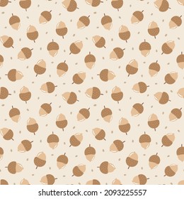 Hand-drawn seamless pattern with acorns. Colorful seasonal illustration for paper and gift wrap. Fabric print design. Creative stylish background.
