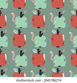 Handdrawn seamless pattern with appples and worms. Adorable repeated background for textile.