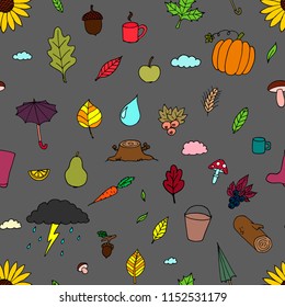Hand-drawn seamless pattern of autumn doodles. Vector cartoon background. 
