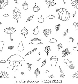 Hand-drawn seamless pattern of autumn doodles. Vector cartoon background. 
