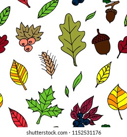 Hand-drawn seamless pattern of autumn leaves, acorns and berries. Vector cartoon background.
