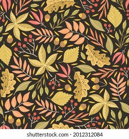 Hand-drawn seamless pattern with autumn leaves. Colorful seasonal illustration for paper and gift wrap. Fabric print design. Creative stylish background.