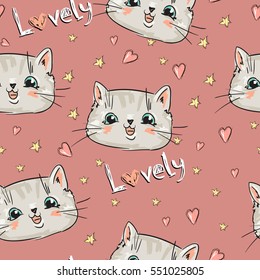 Hand-drawn seamless pattern background with cats. 