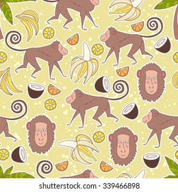 Hand-drawn seamless pattern background with monkey, palms and fruits such as banana, coconut, lemon and orange. Vector illustration