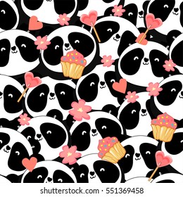 Hand-drawn seamless pattern background with panda and hearts. 