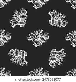 Hand-drawn seamless pattern of barbecue ribs. Doodle vintage illustration. Decorations for the menu of cafes and labels. Engraved image on chalkboard background.