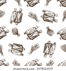 Handgezeichnetes nahtloses Muster von Grillrippen und Grüns. Doodle Vintage Illustration. Dekorationen für die Speisekarte von Cafés und Etiketten. Graviertes Bild.