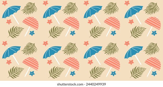 Handdrawn seamless pattern with beach umbrella and palm leaves. Vector design on beige background.