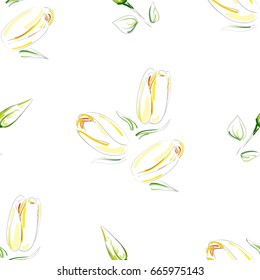 Hand-drawn seamless pattern of beautiful delicate yellow tulip on a white background