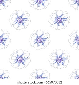 Hand-drawn seamless pattern of beautiful delicate light blue flower on a white background