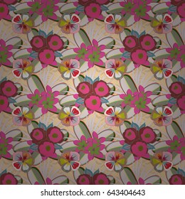 Hand-drawn seamless pattern. Beautiful ditsy floral seamless background. A lot of vector flowers in yellow and red colors.