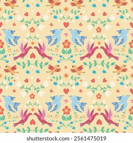 handdrawn seamless pattern with birds and flowers. Perfect for romantic design
