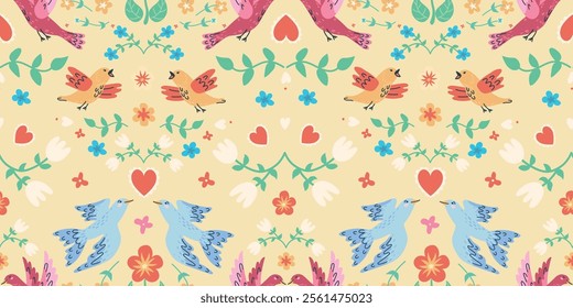 handdrawn seamless pattern with birds and flowers. Perfect for romantic design