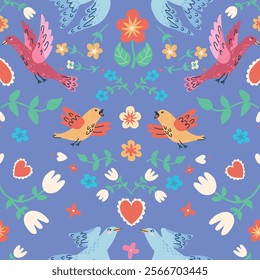 handdrawn seamless pattern with birds and flowers. Perfect for romantic design