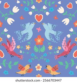 handdrawn seamless pattern with birds and flowers. Perfect for romantic design