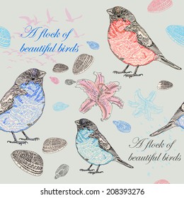 Hand-drawn seamless pattern with birds. The grunge style. Texture can be used for a web site, backgrounds, banners, invitations.